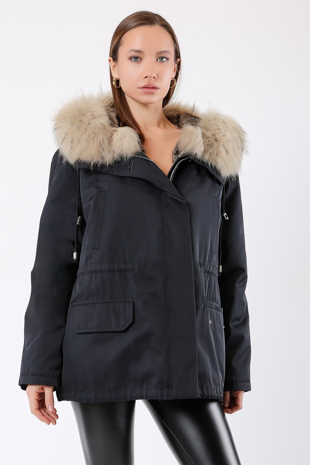 Dunkelblauer Trenchcoat mit Fuchs-Pelzbesatz und Rex-Pelzfutter, LC Leather Club