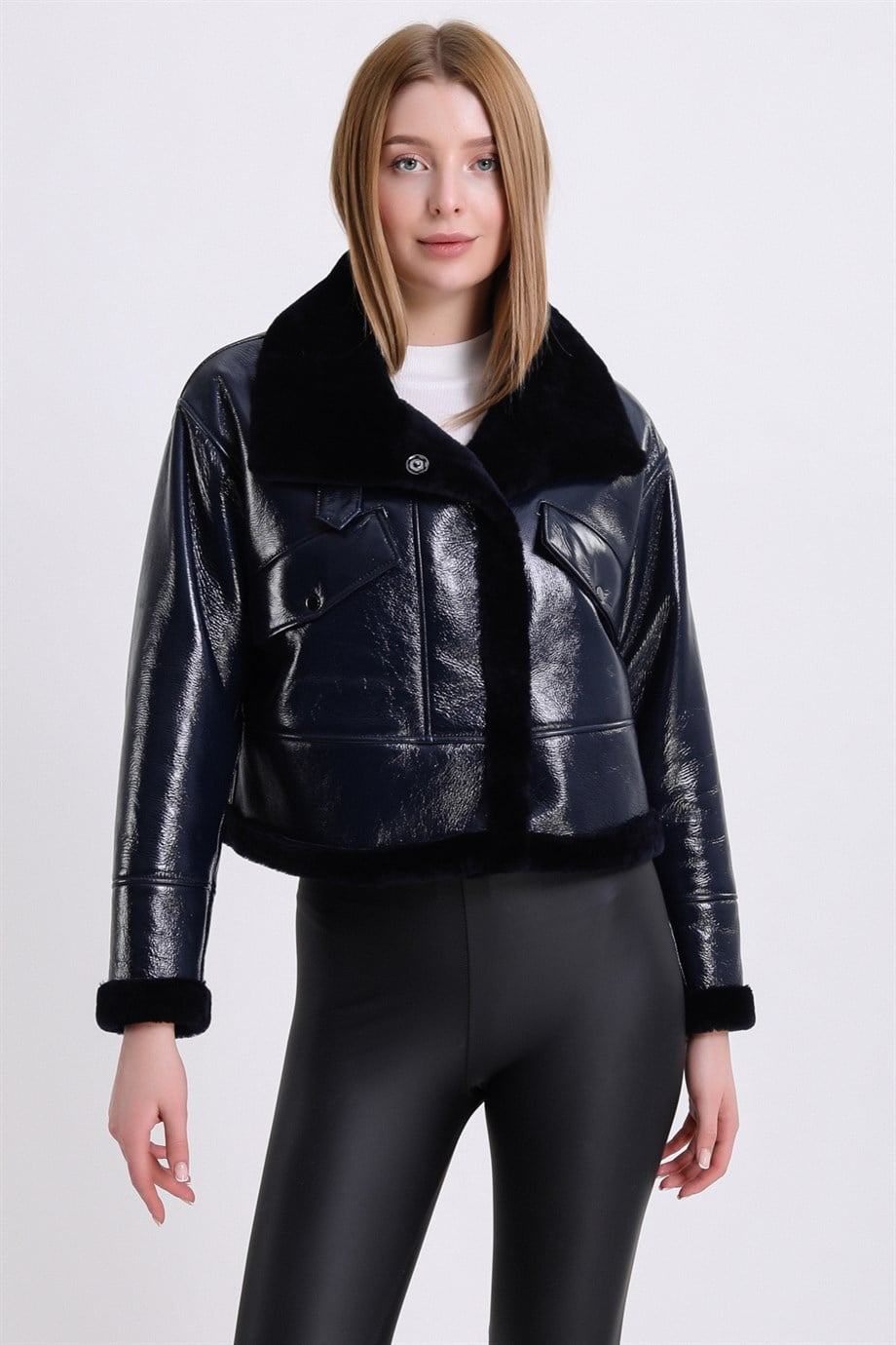 Veste en fourrure agneau Glam bleu marine, LC Leather Club