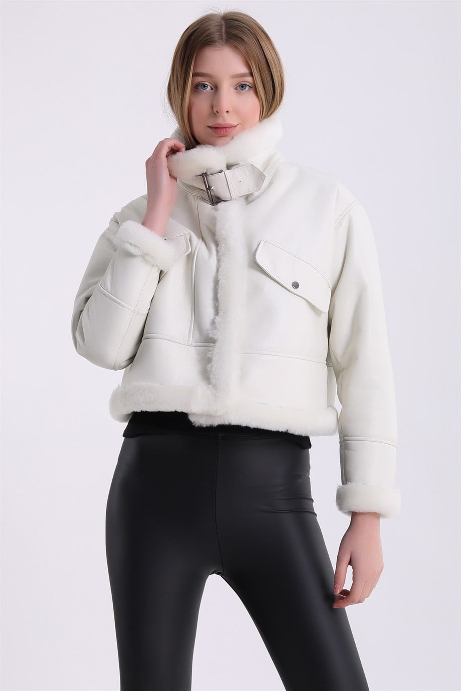 Veste en fourrure d'agneau blanc Glam, LC Leather Club