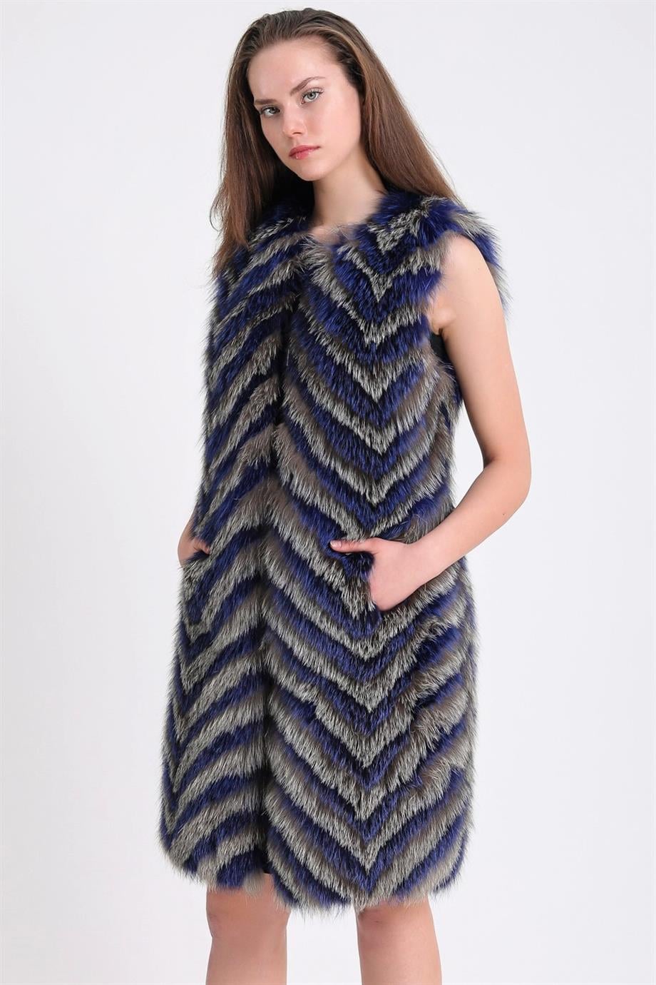 Gilet en fourrure de renard symétrique bleu foncé et gris, LC Leather Club
