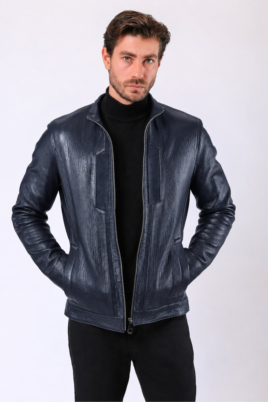 Lacivert James Hakiki Deri Ceket, LC Leather Club