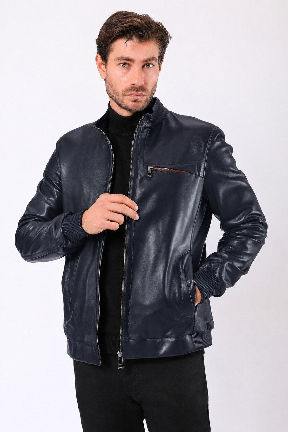 Lacivert Jason Hakiki Deri Ceket, LC Leather Club