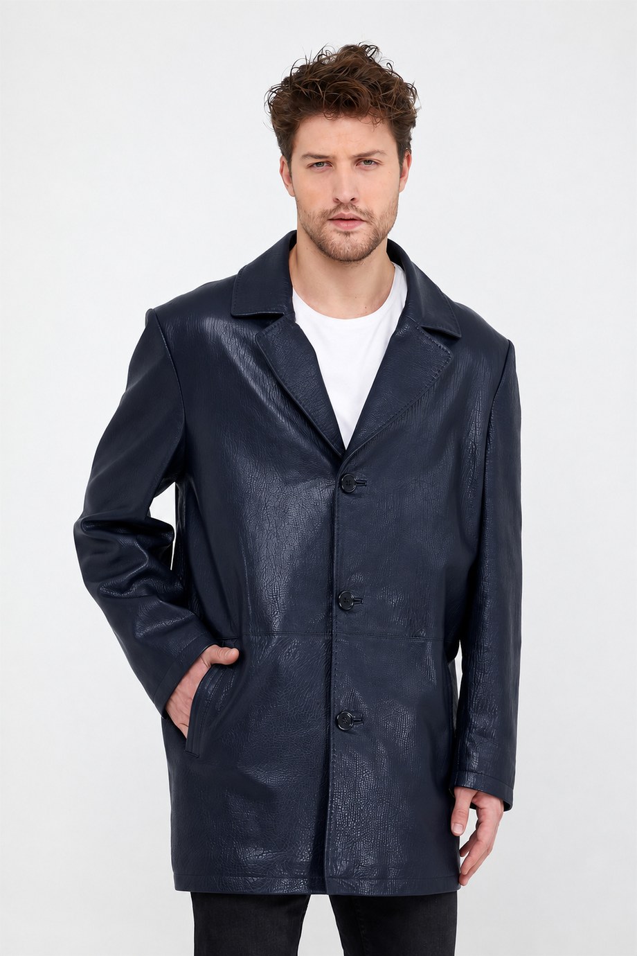 Lacivert Jumbo Blazer Deri Ceket, LC Leather Club
