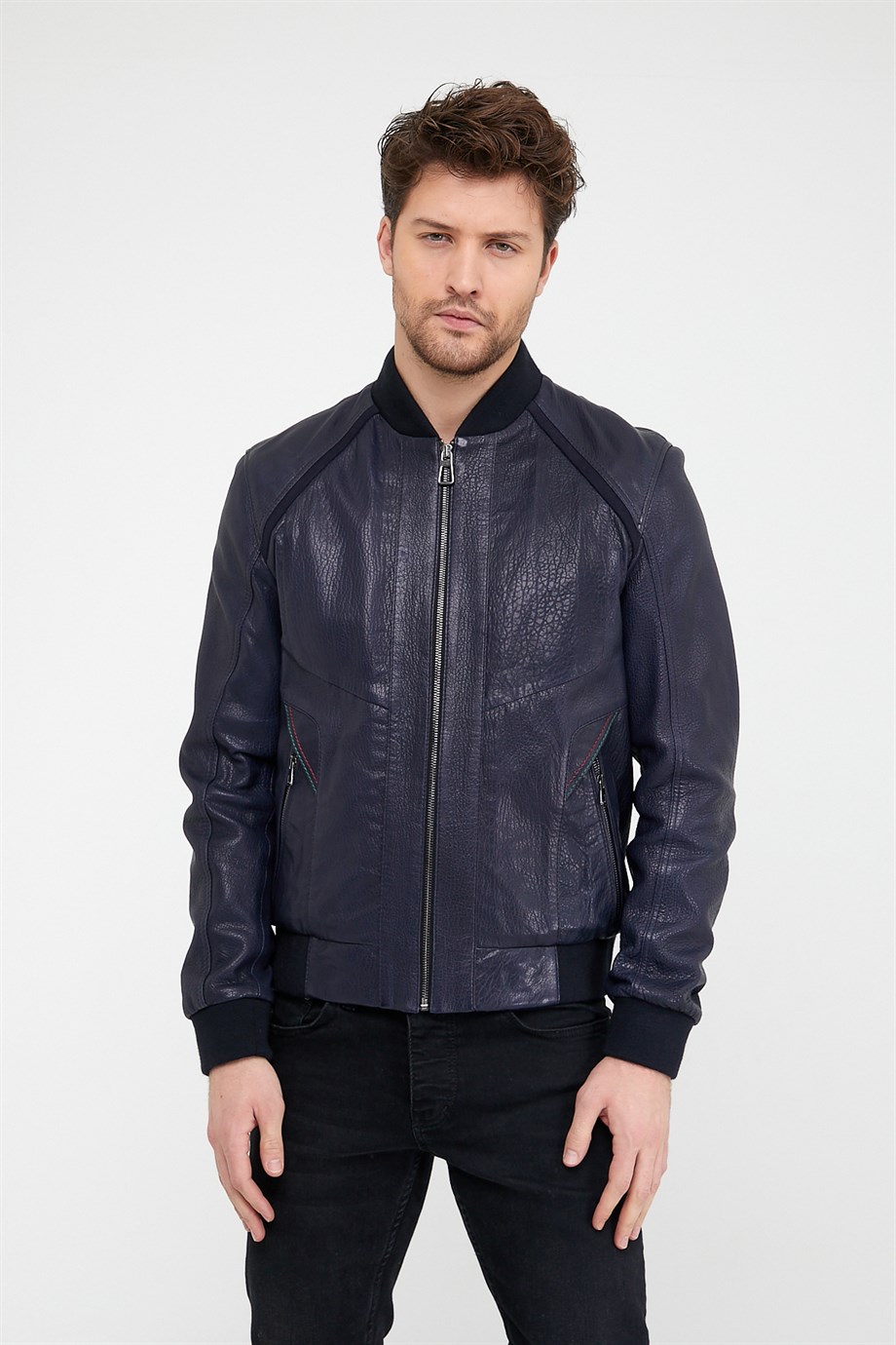 Veste en cuir bleu foncé Jumbo, LC Leather Club