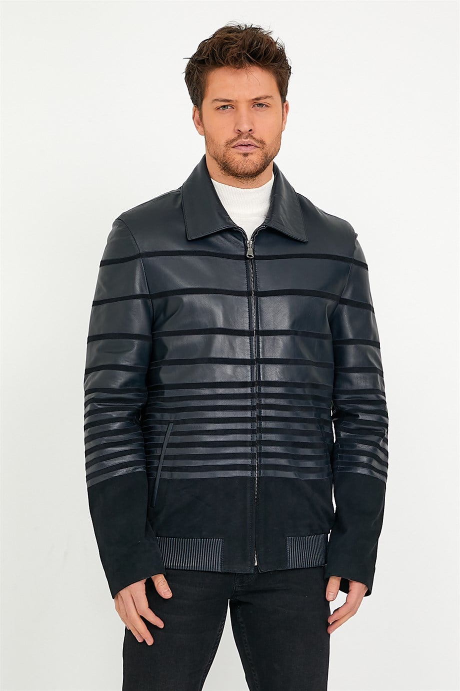 Veste en cuir bleu foncé motif stylet, LC Leather Club