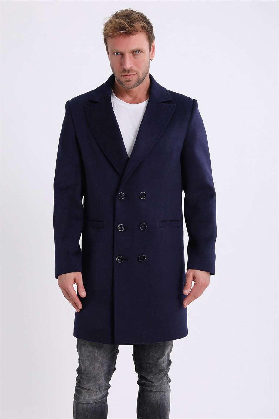 Manteau en cachemire bleu marine avec croisement double, LC Leather Club