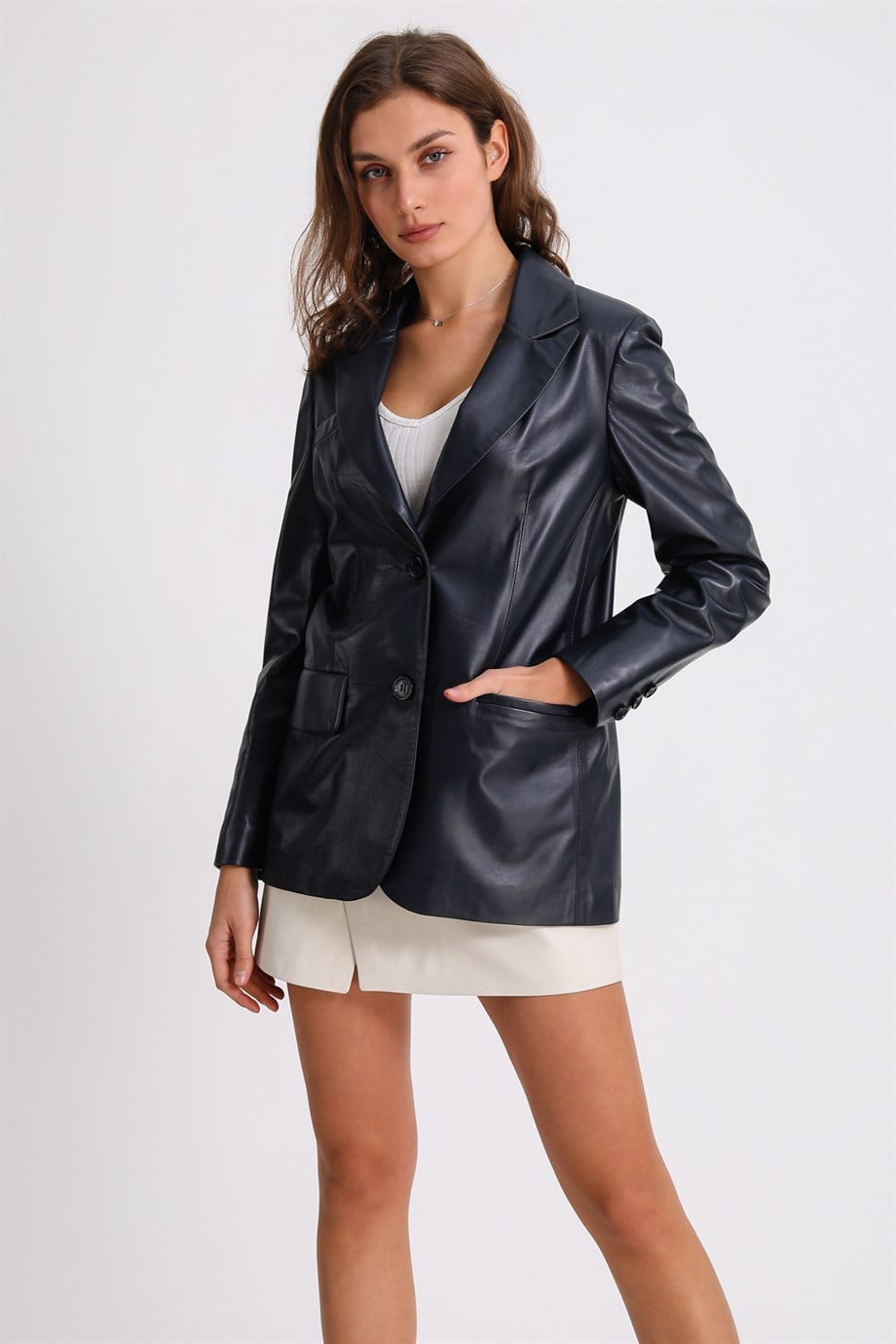Veste blazer en peau d'agneau bleu marine, LC Leather Club