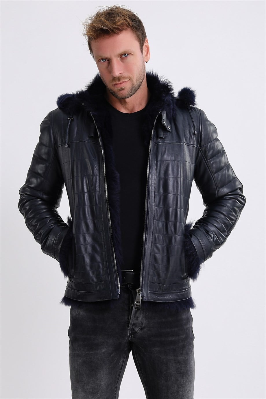 Veste en cuir bleu foncé doublée de peau d'agneau, LC Leather Club