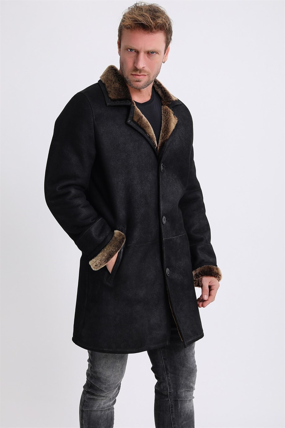 Manteau en cuir Jacabo bleu marine doublé en fourrure d'agneau, LC Leather Club