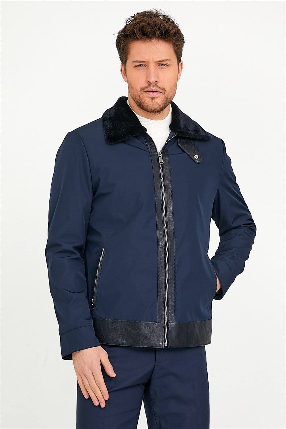 Manteau Scuba bleu foncé doublé de peau d'agneau, LC Leather Club
