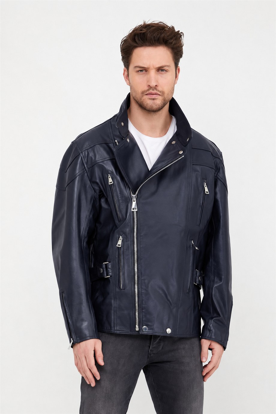 Lacivert Oversize Deri Ceket, LC Leather Club