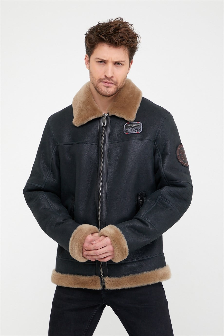 Manteau en fourrure d'agneau bleu foncé Pilot, LC Leather Club