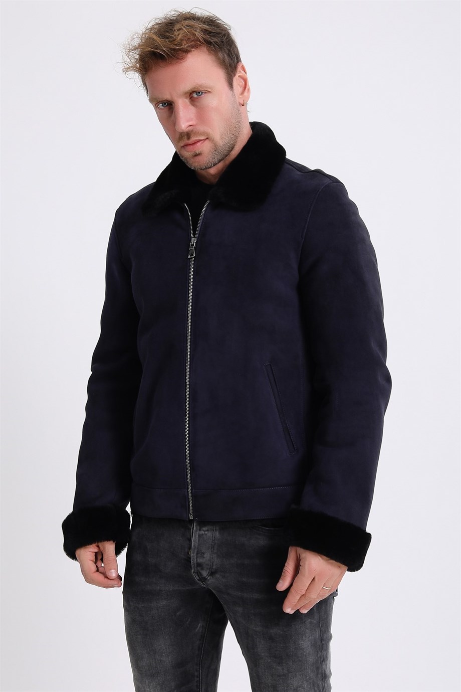 Veste Pilot en daim bleu marine avec garniture de fourrure, LC Leather Club