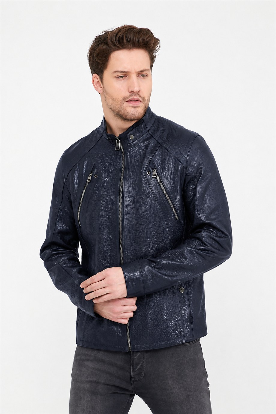 Lacivert Racer Jumbo Deri Ceket, LC Leather Club
