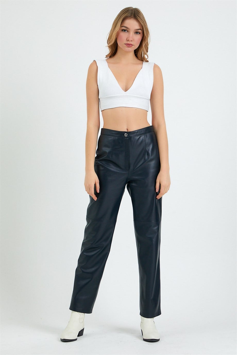 Navy Blue Regular Fit Leather Trousers, LC Leather Club