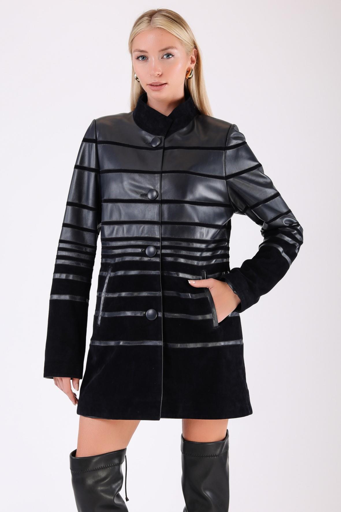 Dunkelblauer Ledermantel mit Streifendetails, LC Leather Club