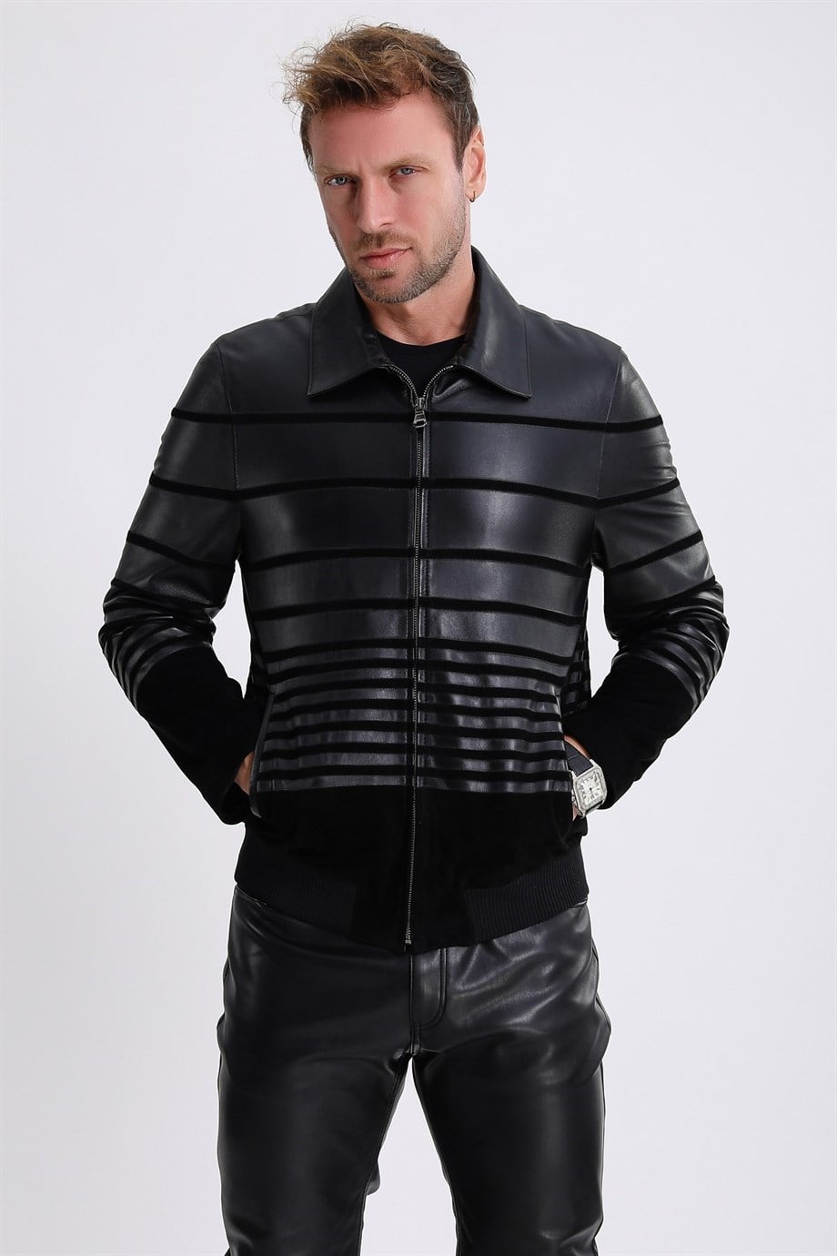 Donkerblauwe suède leren jas met streepdetails, LC Leather Club