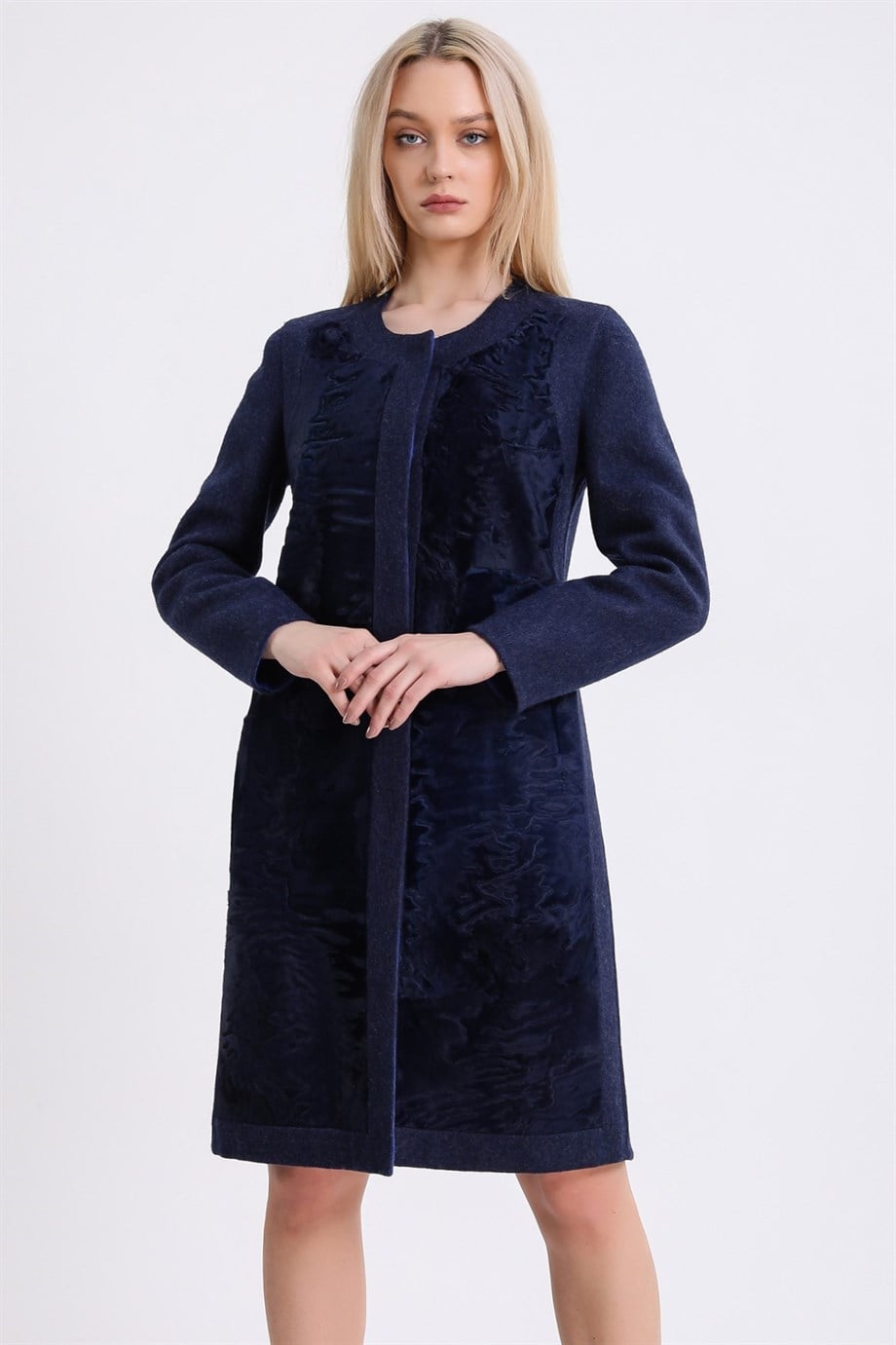 Manteau en alpaga bleu marine avec détails swakara, LC Leather Club