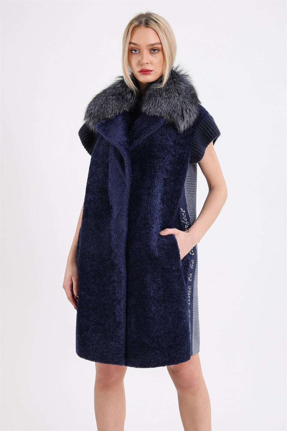 Navy Alpaca Fur Vest with Fox Trim, LC Leather Club