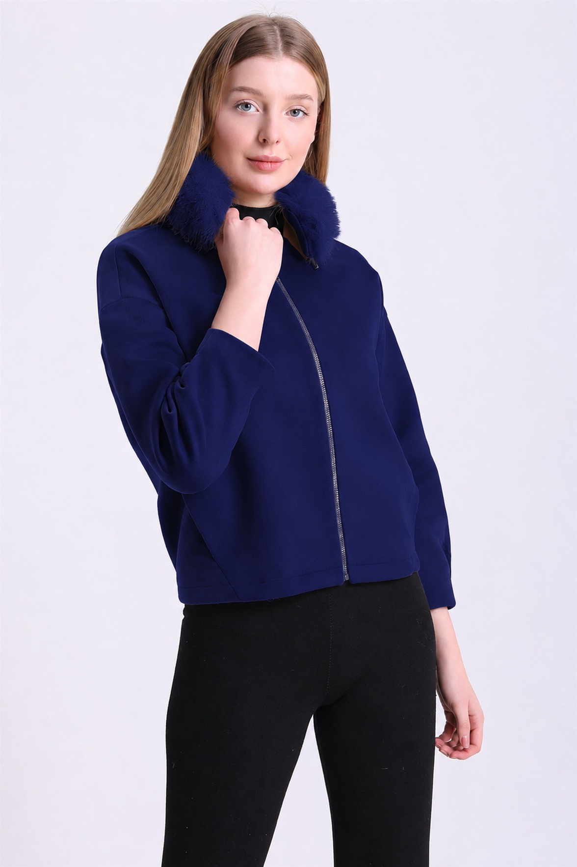 سترة كشمير كحلية بحاشية من فرو الثعلب, LC Leather Club