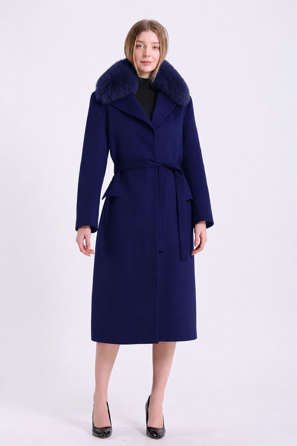 Manteau en cachemire bleu marine avec finitions en fourrure de renard, LC Leather Club