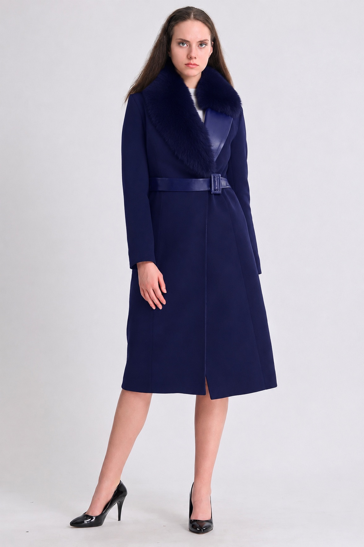 Manteau en cachemire bleu marine avec finitions en fourrure de renard et montone, LC Leather Club