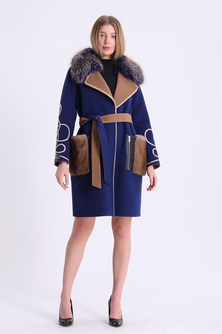 Alpaca Coat with Navy Fox Fur and Mink Trim, LC Leather Club