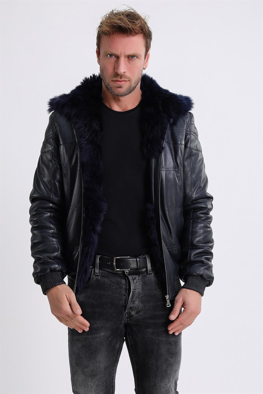 Manteau en cuir bleu marine doublé de fourrure Toscane, LC Leather Club