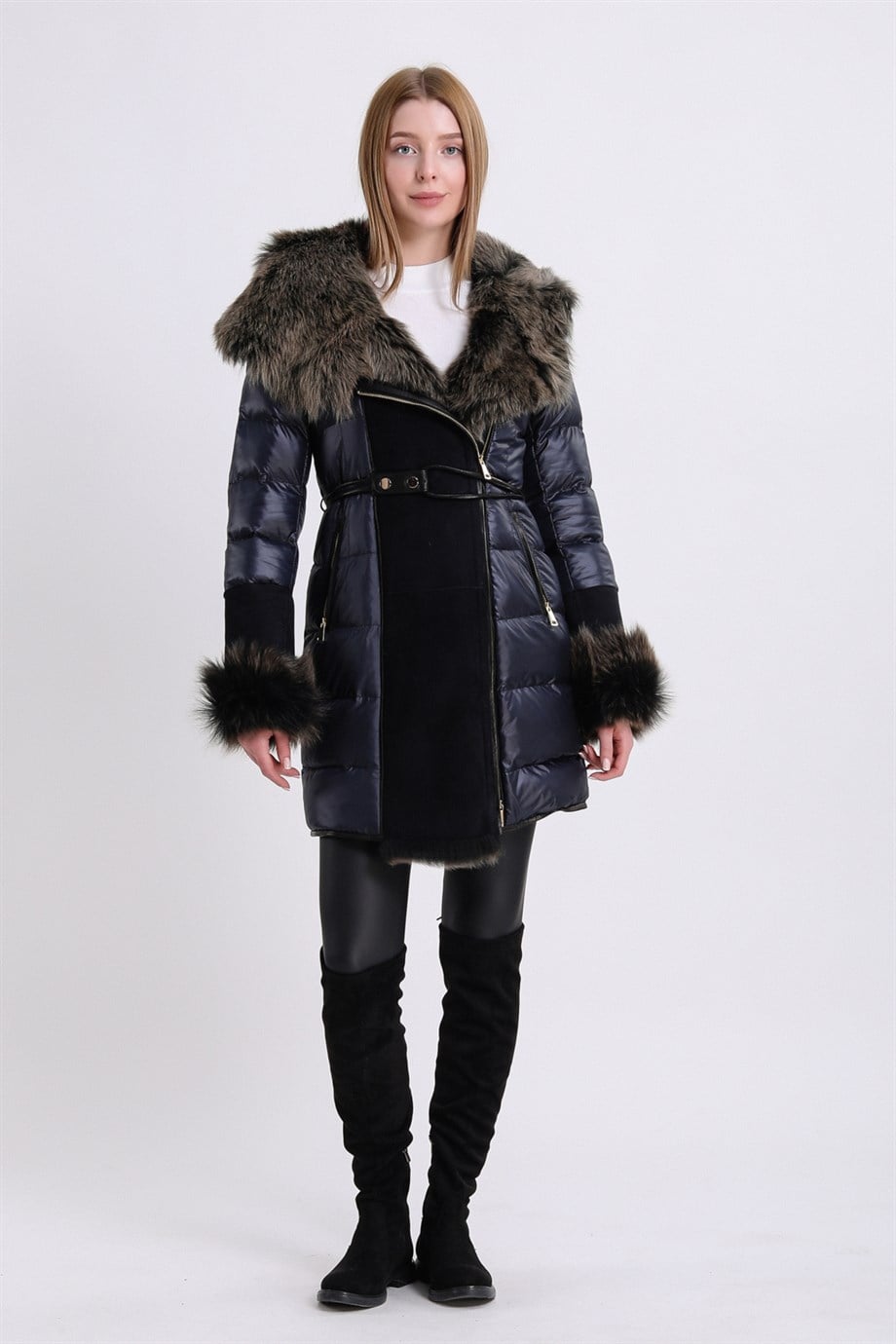 Donkerblauwe Toscana bontmantel, LC Leather Club