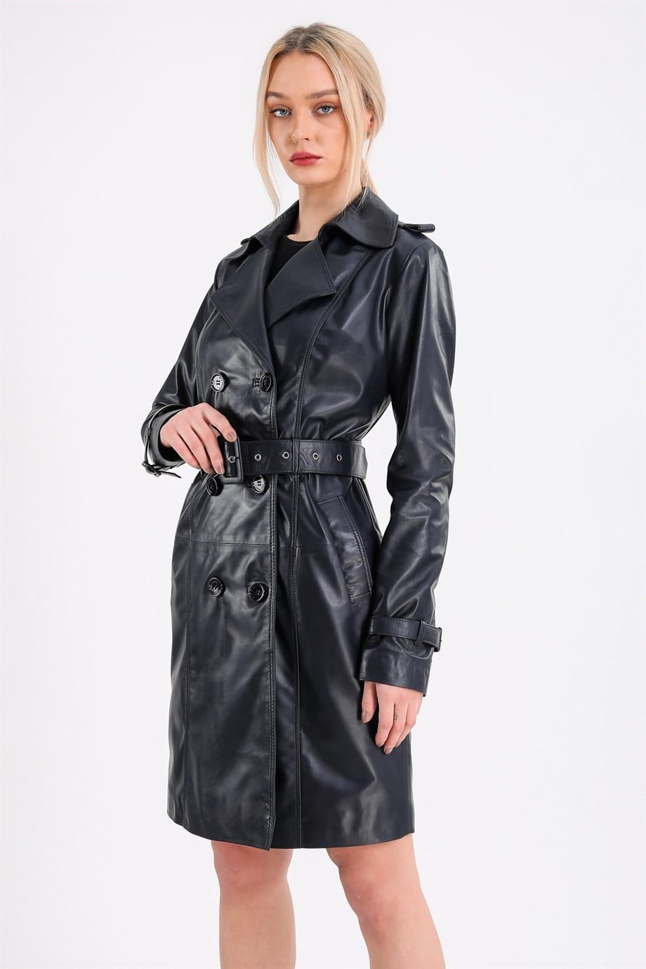 Trench-coat en cuir bleu marine, LC Leather Club