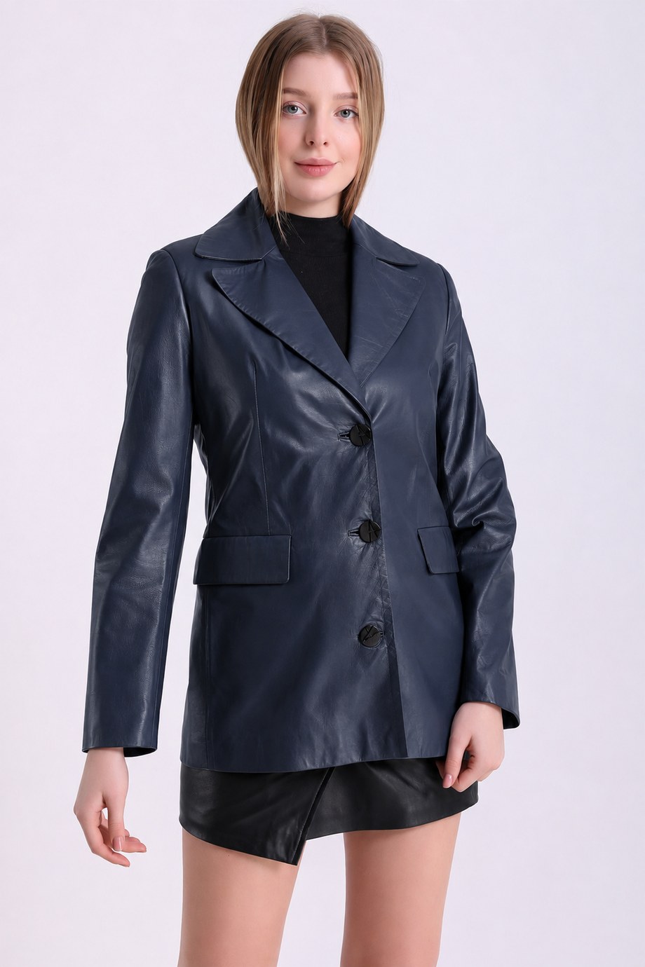 Lacivert Uzun Blazer Deri Ceket, LC Leather Club