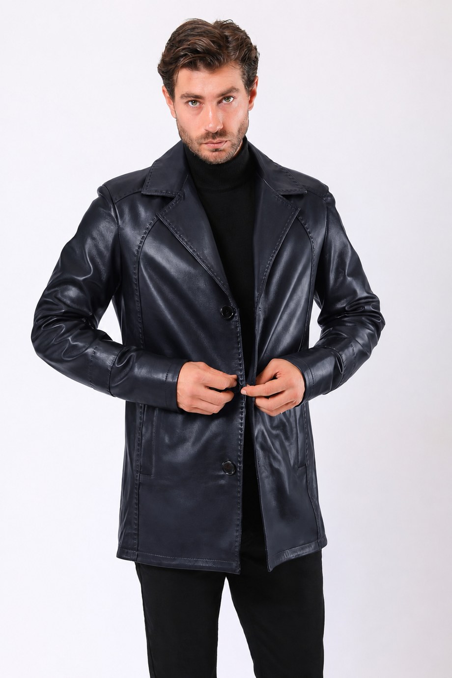 Lacivert Valentin Hakiki Deri Blazer Ceket, LC Leather Club