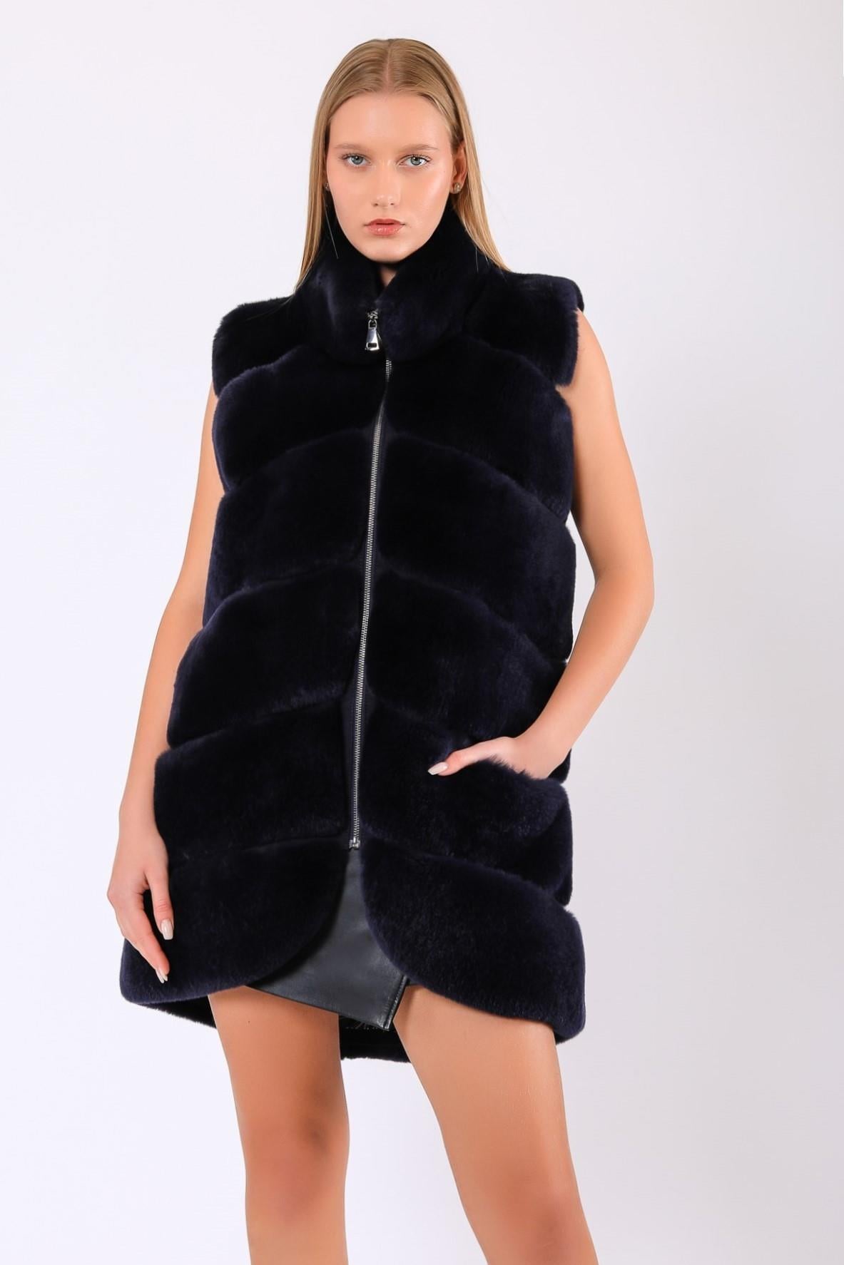 Gilet Valentina en fourrure bleu foncé, LC Leather Club