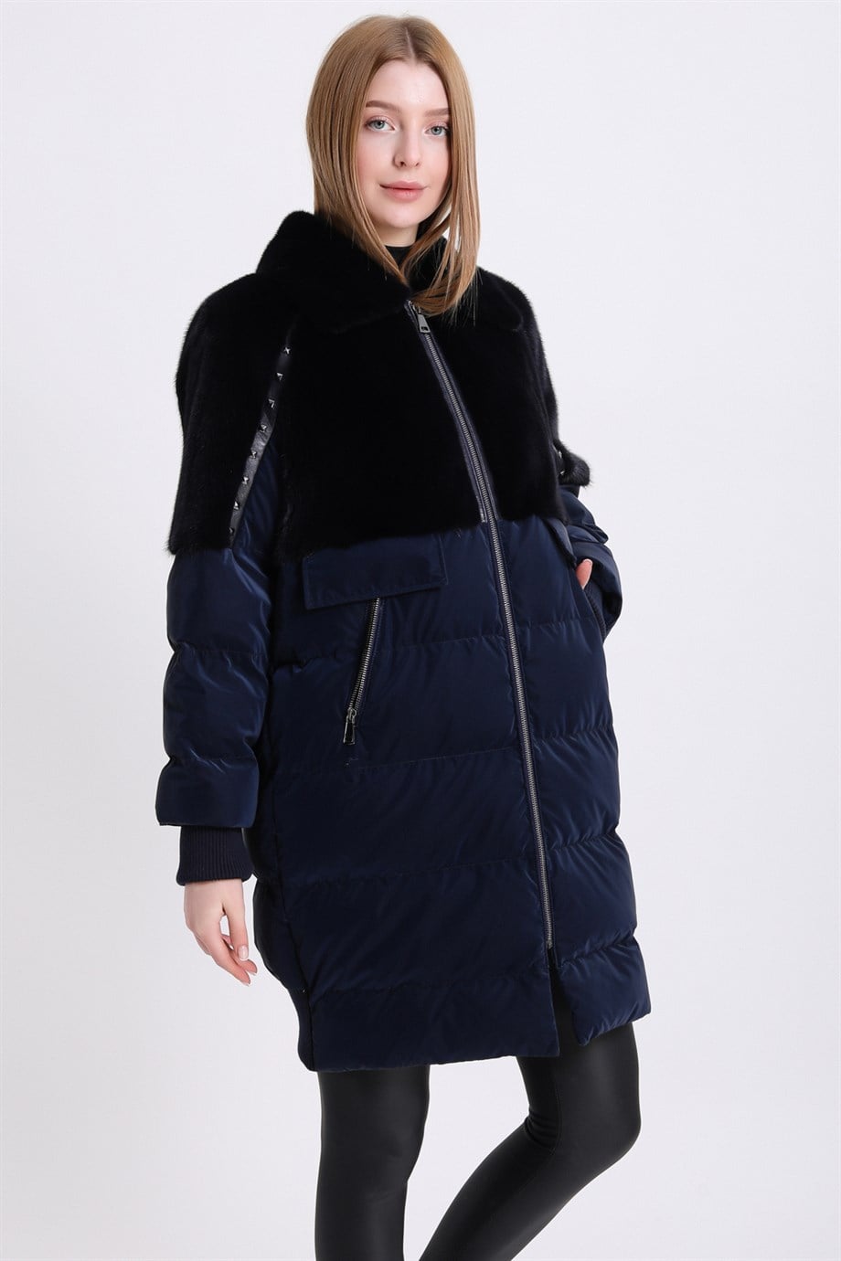 Dunkelblaue Steppjacke mit Nerzakzenten, LC Leather Club