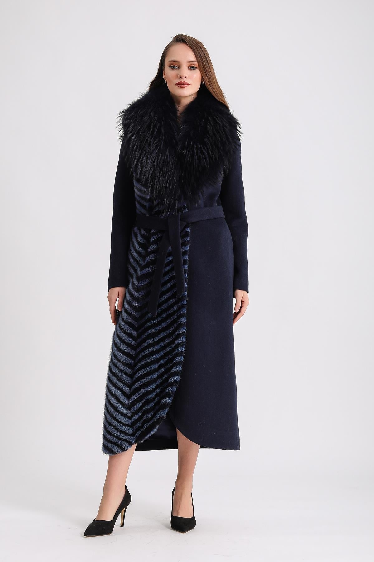 Manteau en cachemire bleu marine avec col en fourrure de vison et de renard, LC Leather Club