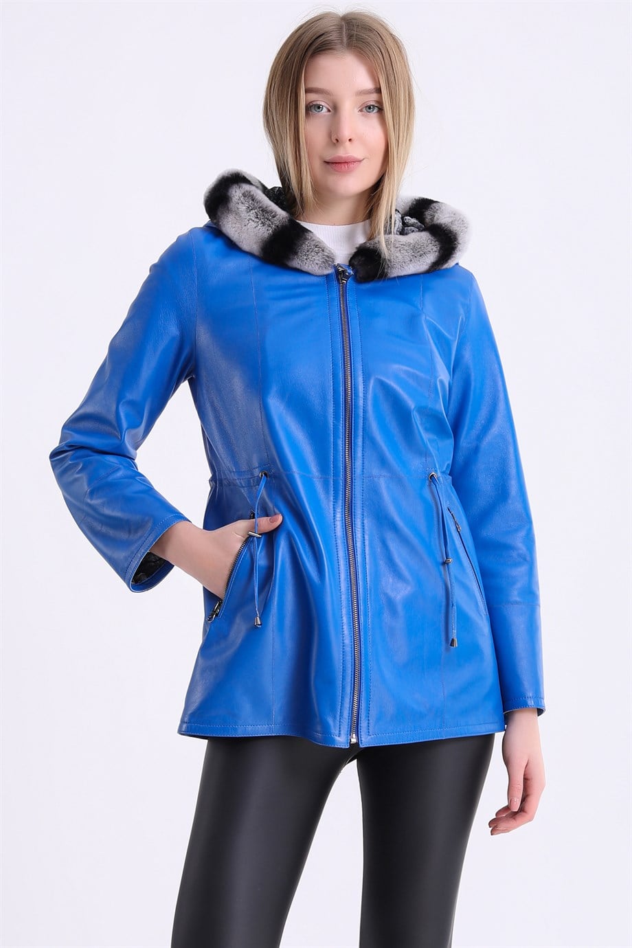 Blauer beidseitiger Ledermantel mit Rexbesatz, LC Leather Club
