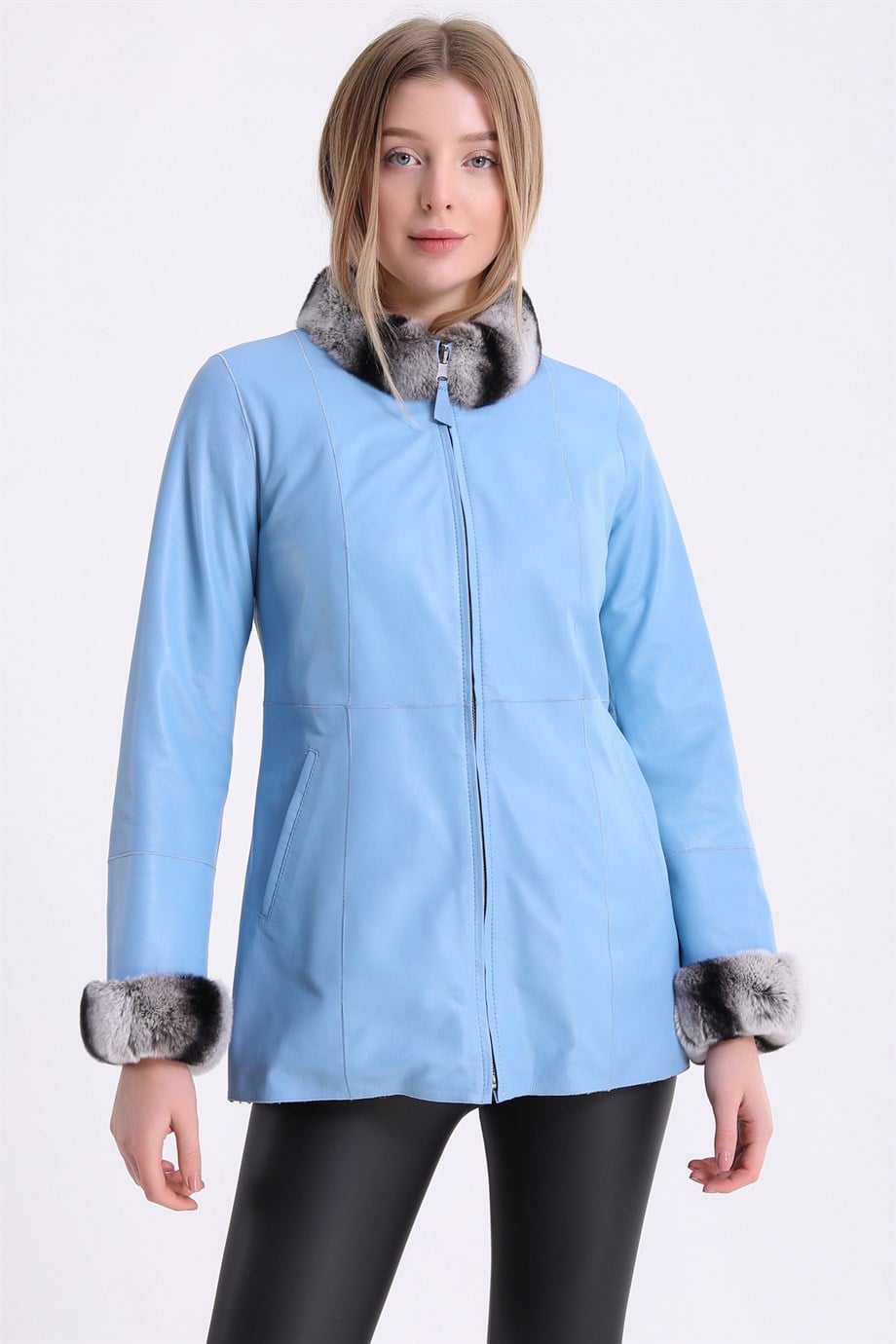Blaue beidseitige Lederjacke mit Rexbesatz, LC Leather Club