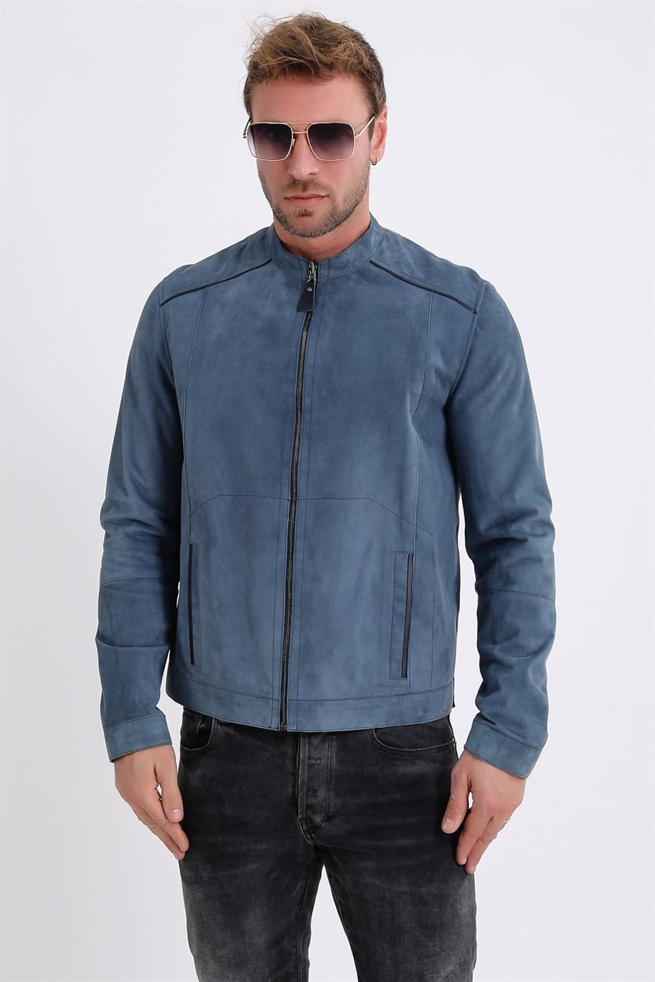 Blauwe dubbelzijdige suède leren jas, LC Leather Club