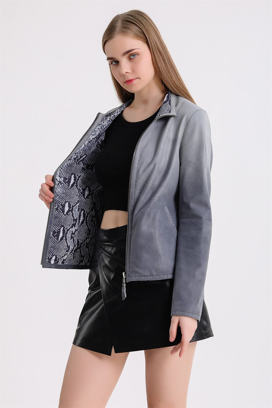سترة جلدية شامواه زرقاء متدرجة بوجهين, LC Leather Club