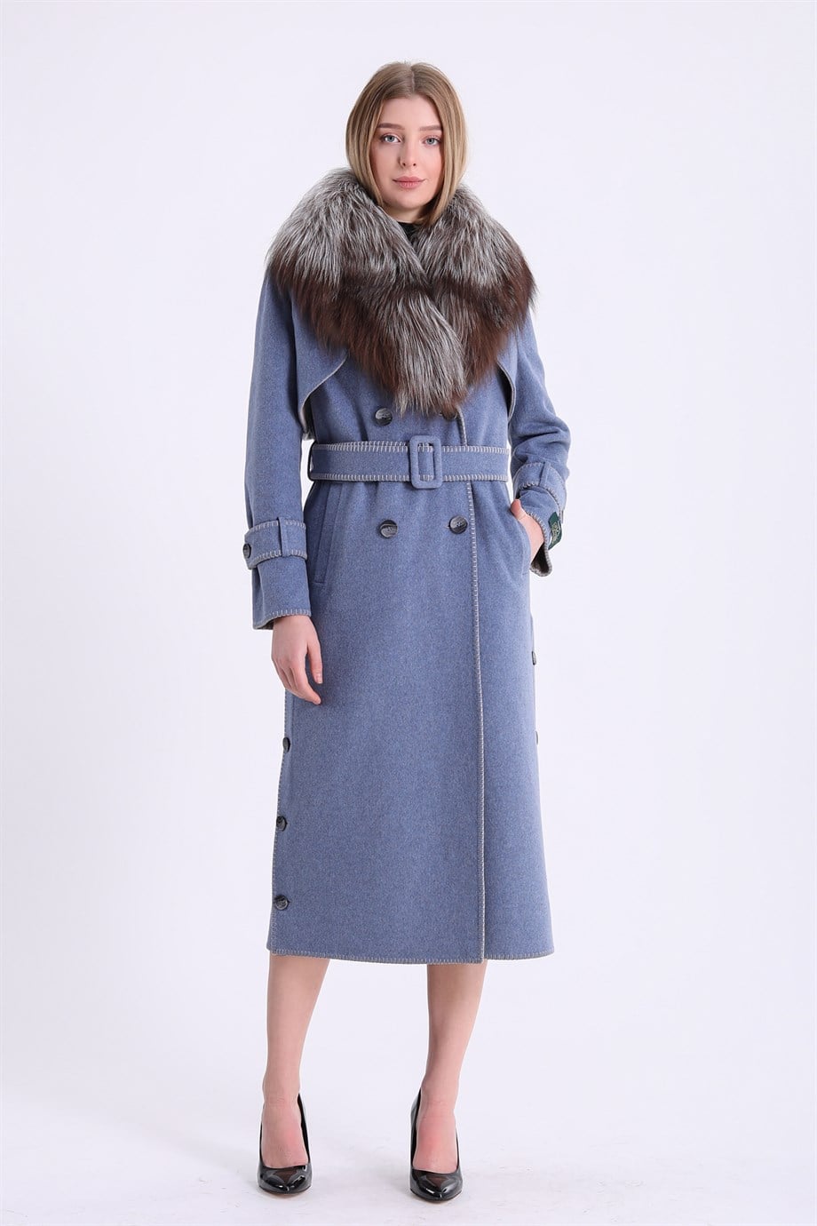 Alpaca Coat with Blue Fox Fur Trim, LC Leather Club