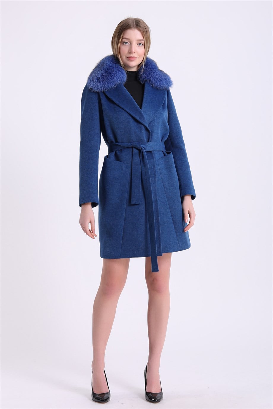 Manteau en cachemire bleu garni de fourrure de renard, LC Leather Club