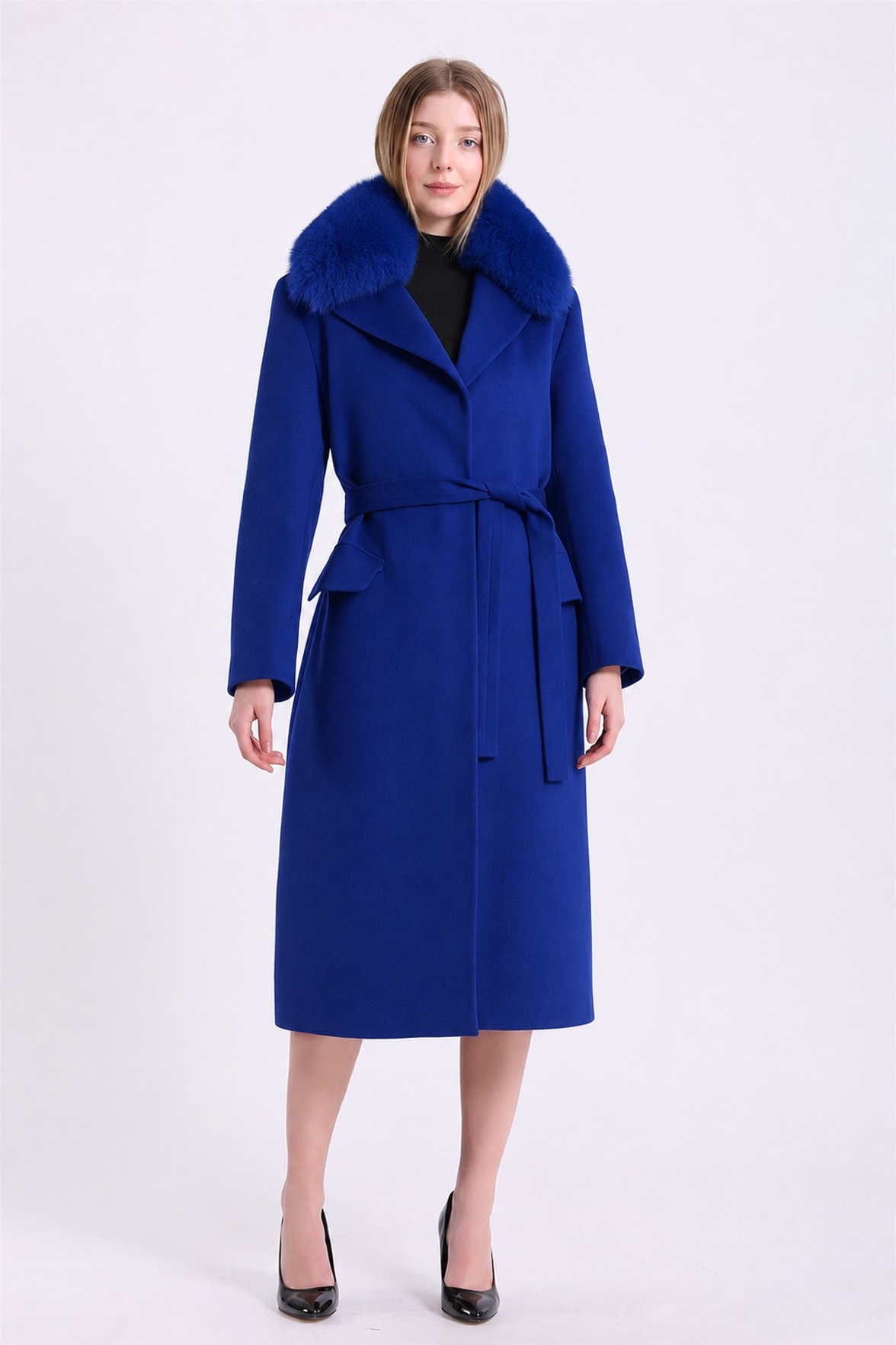 Manteau en cachemire bleu garni de fourrure de renard, LC Leather Club
