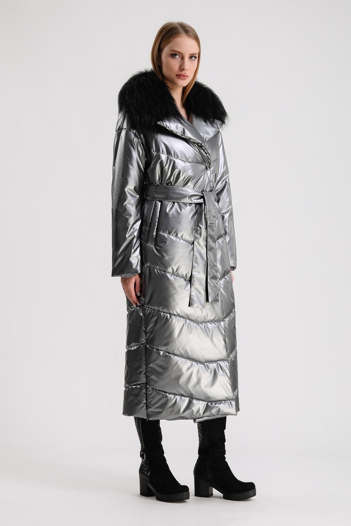 Manteau doudoune gris métal avec garnitures en fourrure de renard, LC Leather Club
