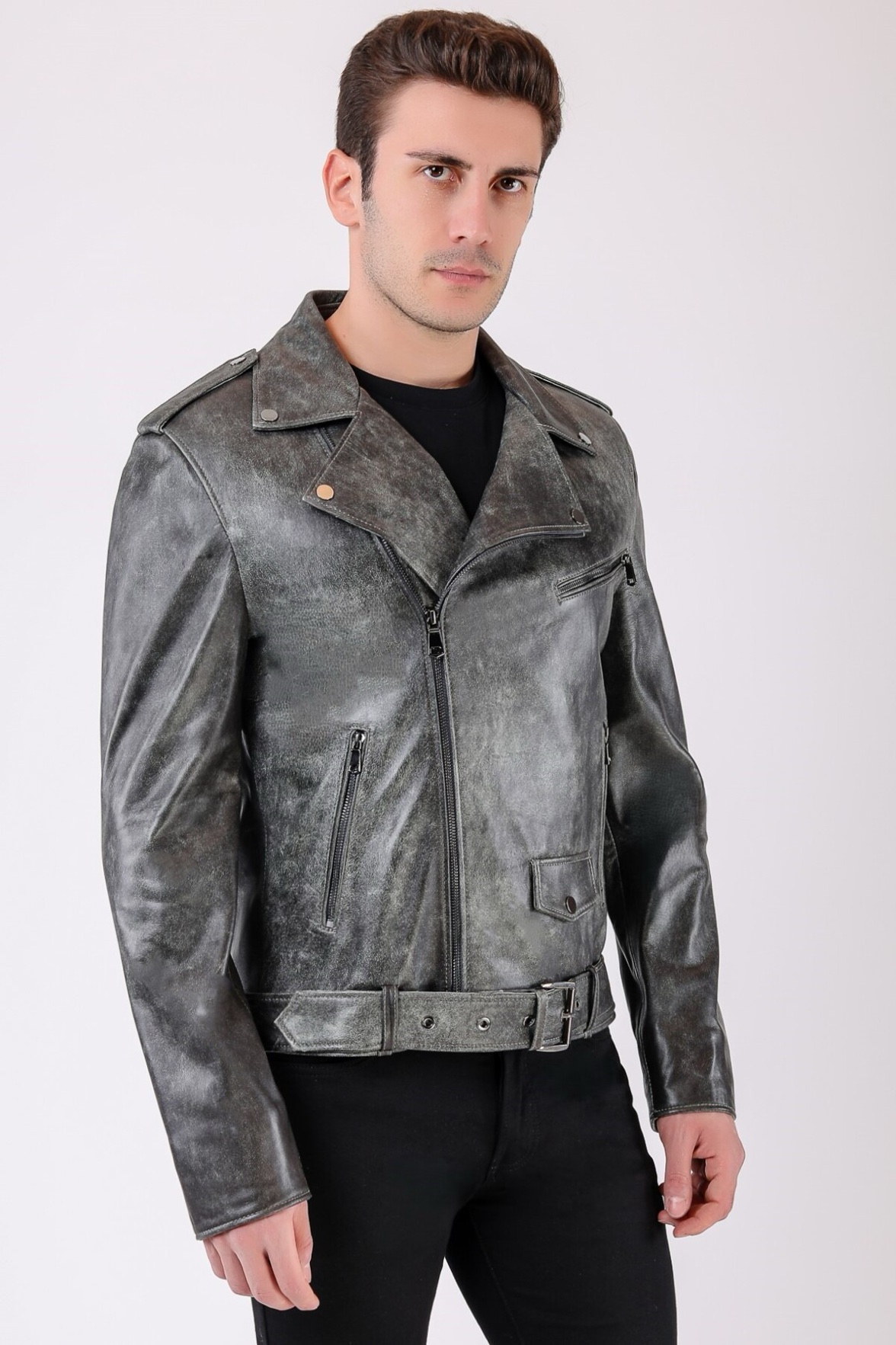 Szara metaliczna kurtka motocyklowa w stylu vintage ze skóry naturalnej, LC Leather Club