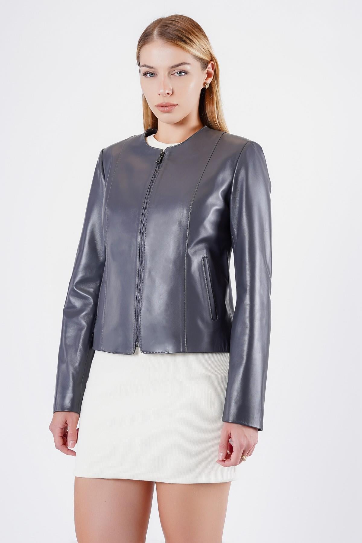 Veste en cuir gris métallisé, LC Leather Club