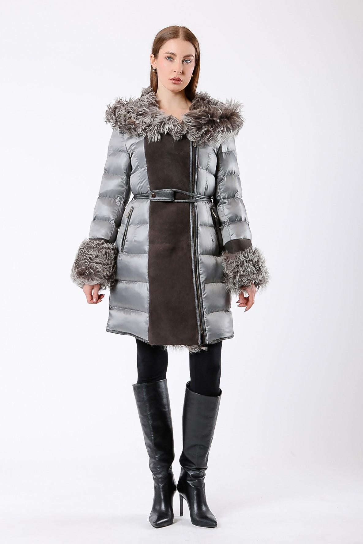 Metallisch Grau Toskanischer Wildleder-Pelzmantel, LC Leather Club
