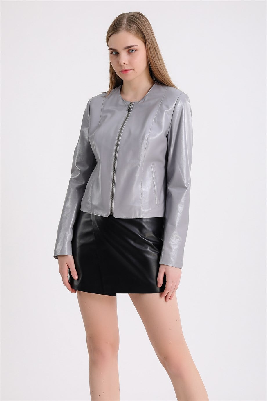 Veste en peau d'agneau gris métallisé, LC Leather Club