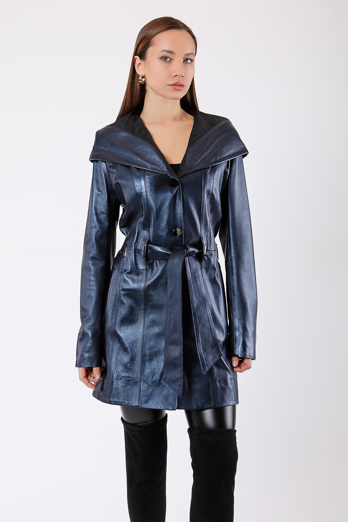 Manteau en cuir à capuche bleu foncé métallisé, LC Leather Club