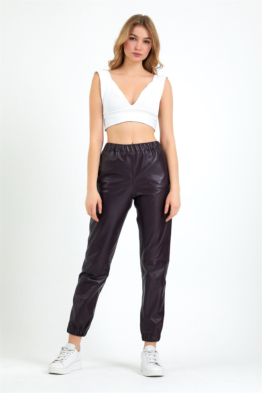 Pantalon en cuir violet coupe ajustée, LC Leather Club