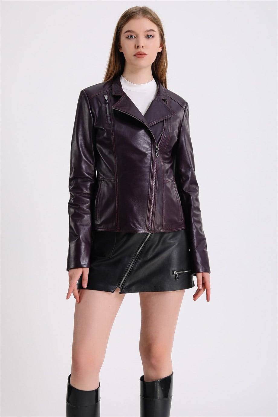 Veste en cuir violet croisée, LC Leather Club